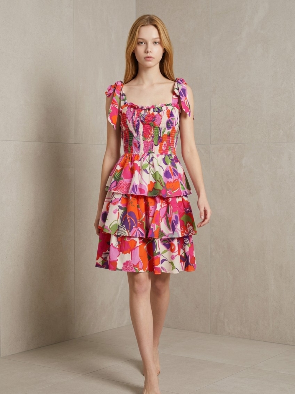 Floral Tiered Smocked Sundress in Pink